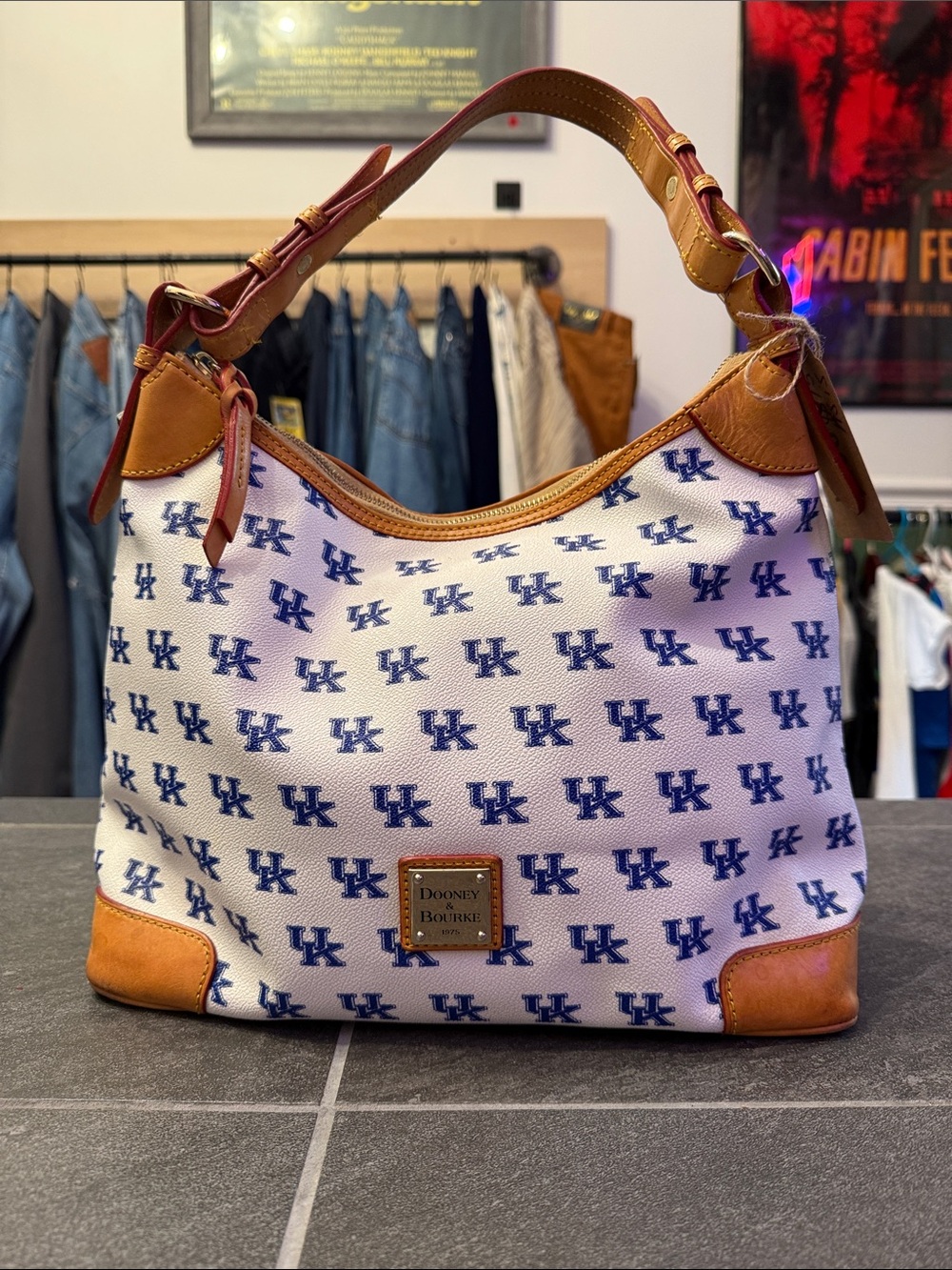 Dooney & Bourke White and Blue Monogram University Hobo with Tan Leather Trim